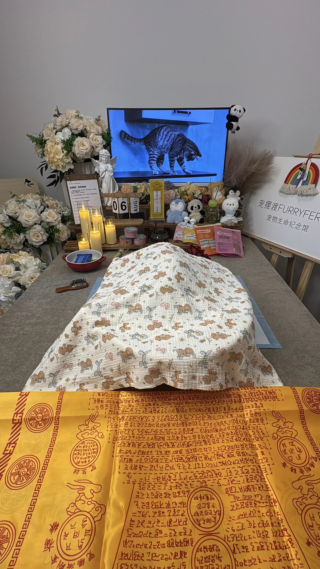北海宠物告别仪式中的鲜花与纪念照片